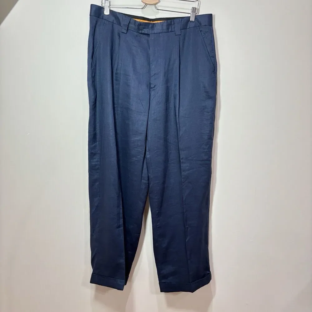 Steve Harvey Mens 38x30 Navy Blue 100% Linen Pleated Cuffed Dress Pants
